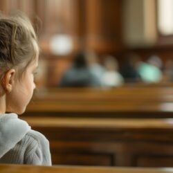 Little girl with a ponytail seated in a courtroom gallery, for a blog about deciding a child's best interests vs. parental rights | Vanguard Comm.