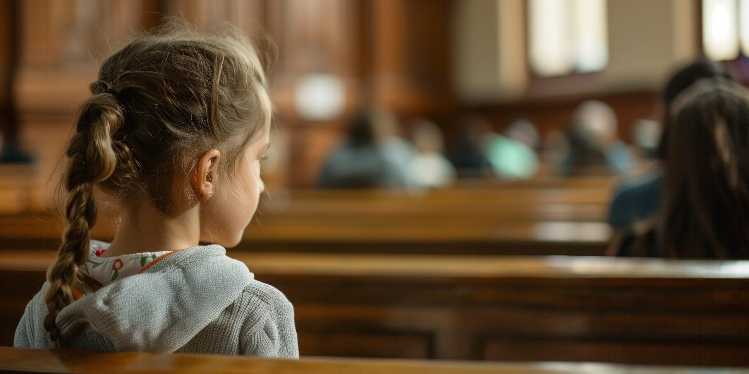 Little girl with a ponytail seated in a courtroom gallery, for a blog about deciding a child's best interests vs. parental rights | Vanguard Comm.