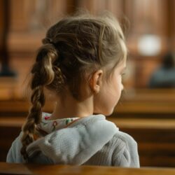 Little girl with a ponytail seated in a courtroom gallery, for a blog about deciding a child's best interests vs. parental rights | Vanguard Comm.