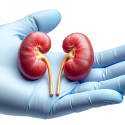 Doctor holds image of pig kidney transplant organ in gloved hand | Vanguard Communications | Denver