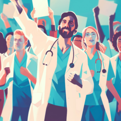 Medical personnel group with hands raised in determination on FTC non-compete clause ban | Vanguard Comm. | Denver