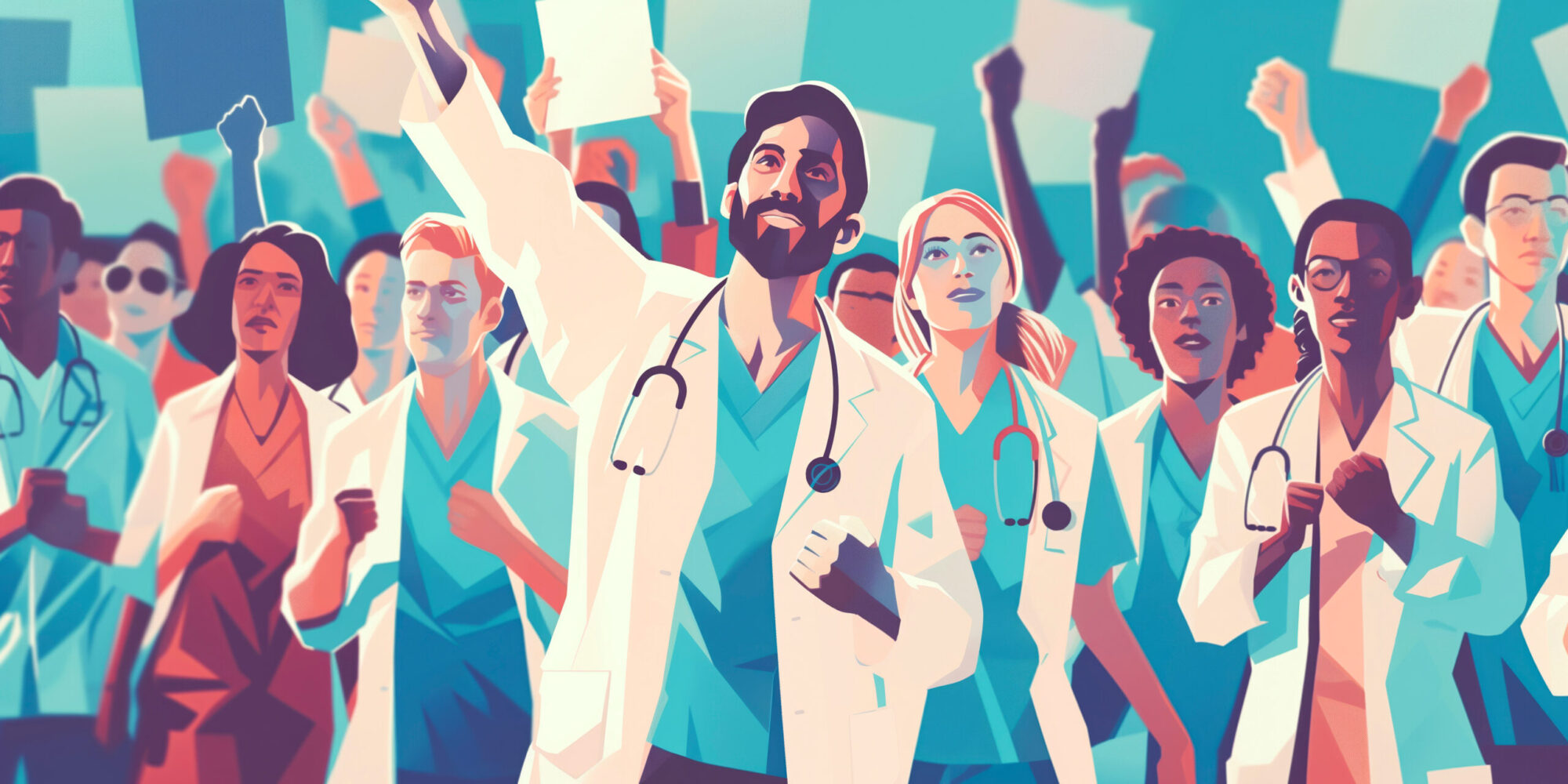 Medical personnel group with hands raised in determination on FTC non-compete clause ban | Vanguard Comm. | Denver