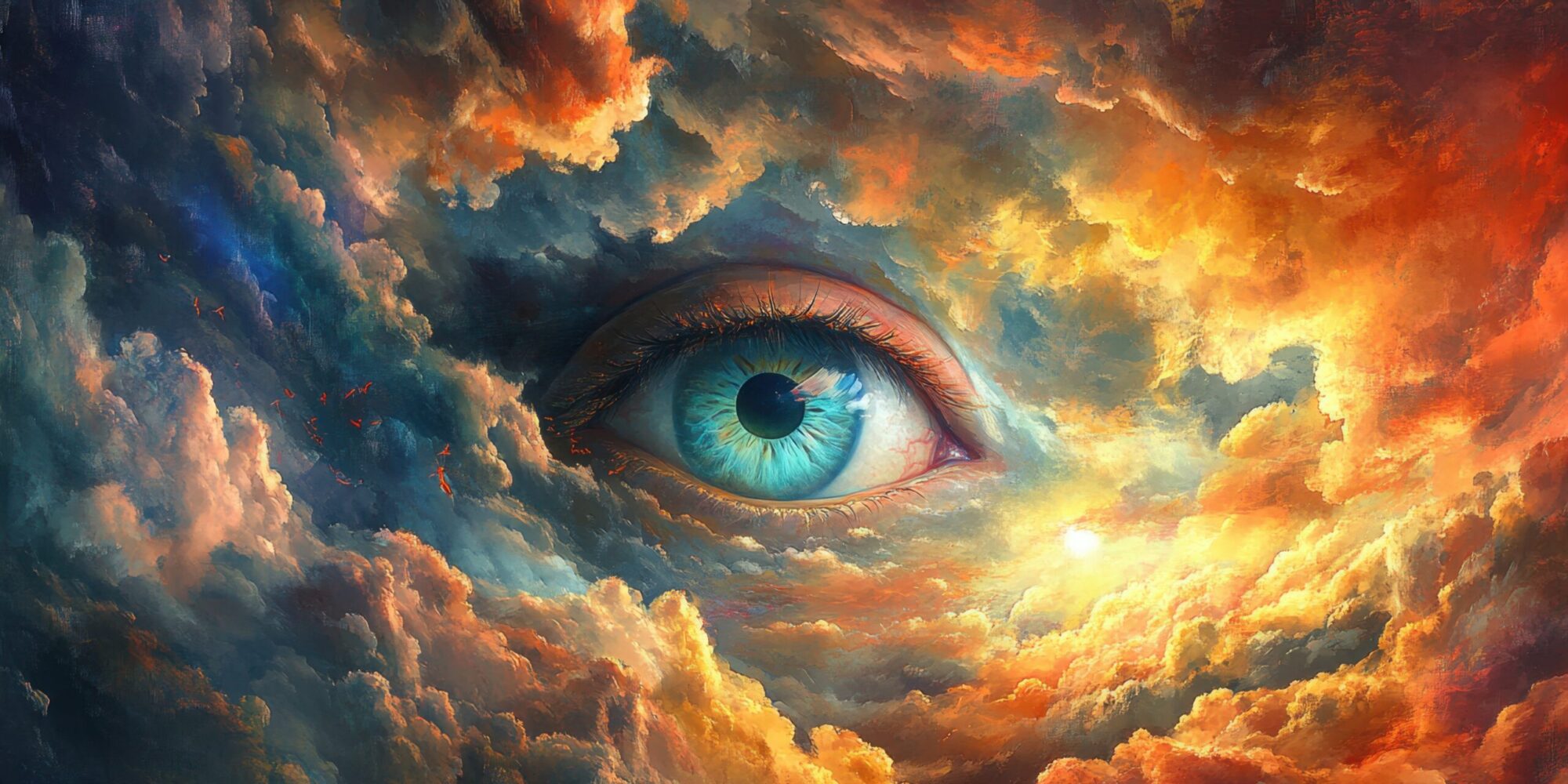 An eye in the sky amidst swirling clouds and vibrant colors represents a digital system that spies on patient privacy