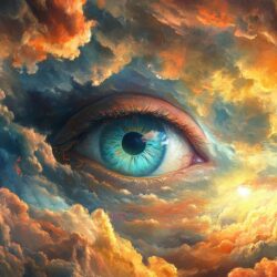 An eye in the sky amidst swirling clouds and vibrant colors represents a digital system that spies on patient privacy