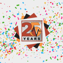 Graphic of Vanguard Communications 25 year logo with confetti around the graphic