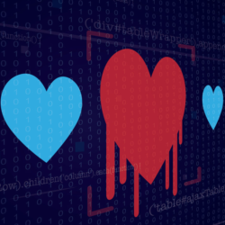 Illustration showing 3 hearts in a row on a black background.  There are two blue hearts with a red heart in the middle that looks like it is bleeding.  The hearts are receding into the distance.