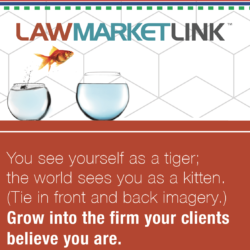 LawMarketLink logo with goldfish jumping from small bowl to bigger indicating legal firms will grow with the program | Vanguard Communications | Denver, NOLA, Jacksonville, FL