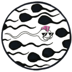 Black line drawing illustration with black sperm swimming on inside all one way with one sperm with a mohawk & sunglasses swimming in the opposite direction