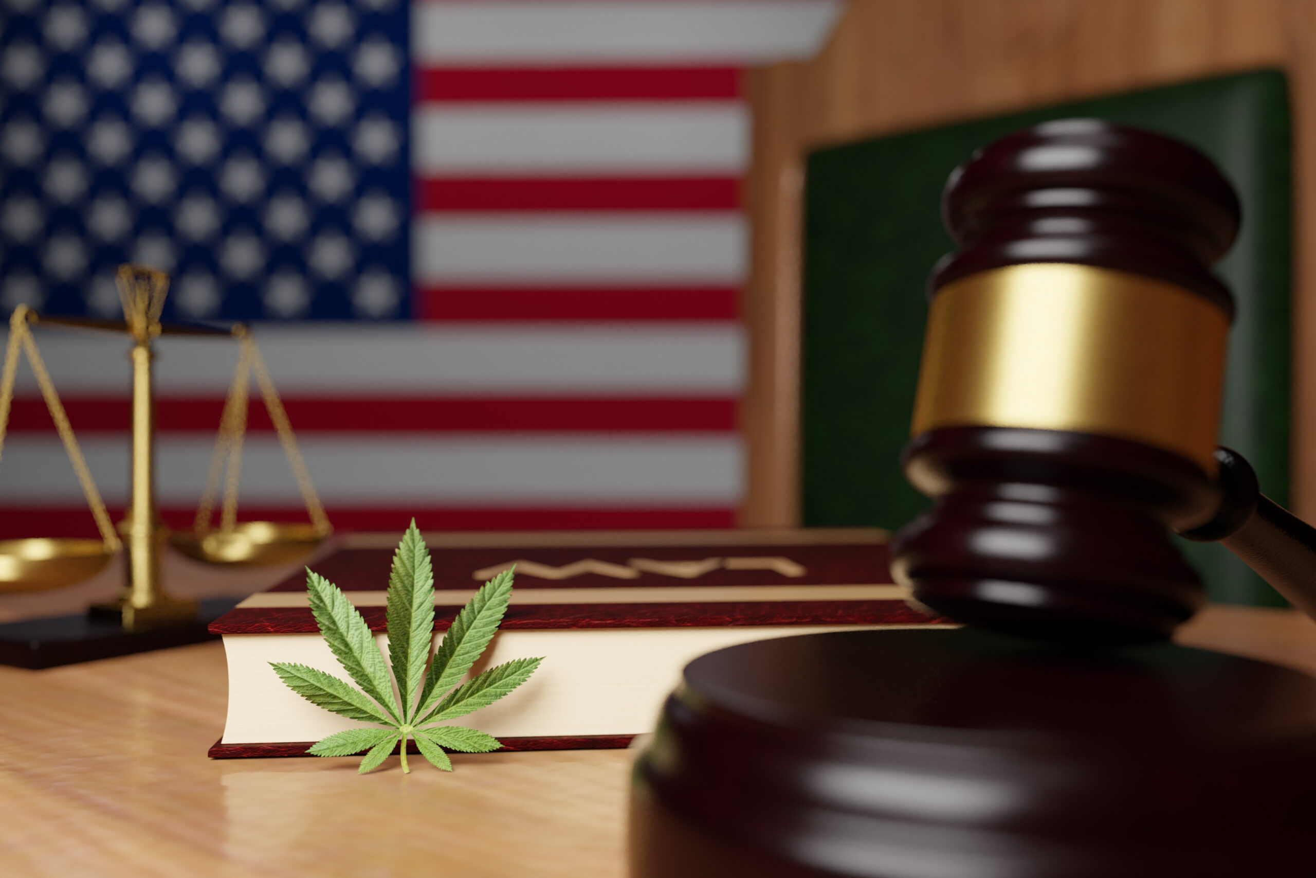 U.S. flag with marijuana leaf & judges gavel | Article on marijuana legalization | Vanguard Communications | Denver