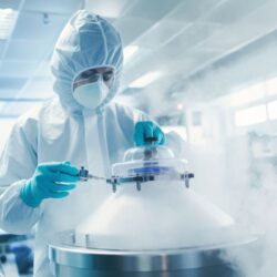 A person at a cryopreservation tank that contains frozen embryos | Vanguard Communications | Denver