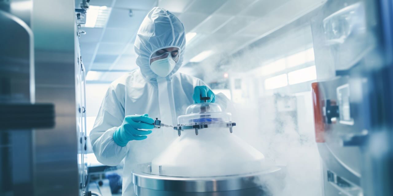 A person at a cryopreservation tank that contains frozen embryos | Vanguard Communications | Denver 