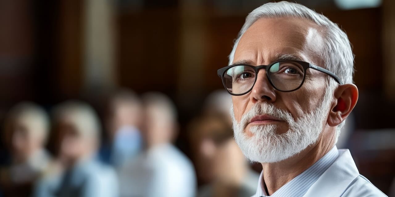 Doctor in white coat in a courtroom | Blog on doctor expert witnesses needed | Vanguard Communications | Denver